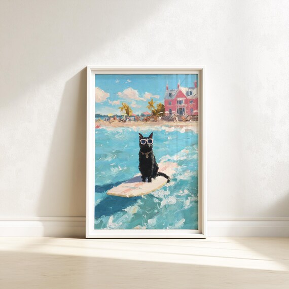 Black Cat In Sunglasses Surfing Waves Tropical Beach Wall Art