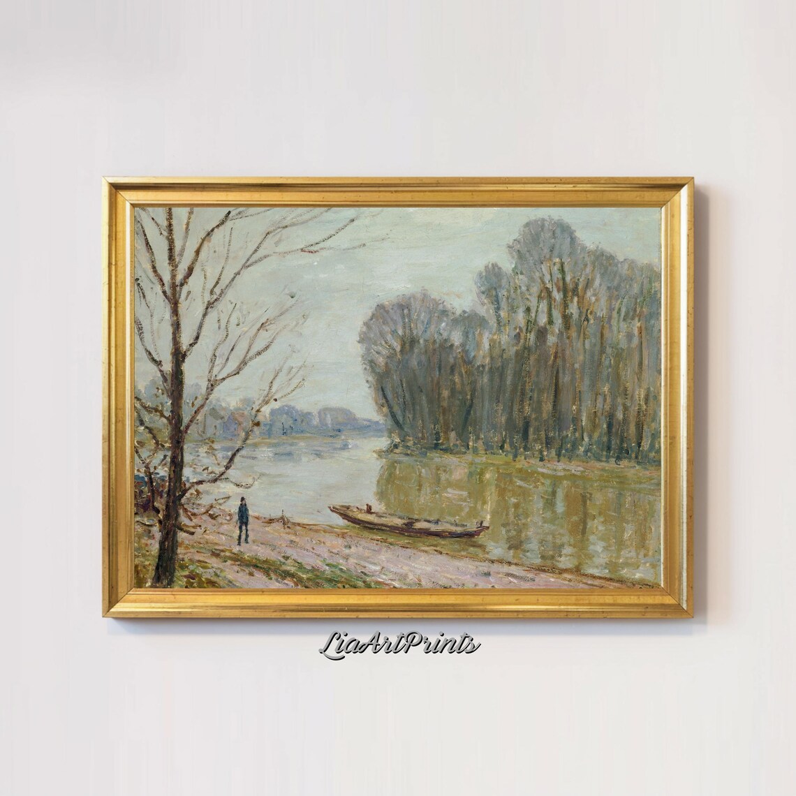 Misty Riverbank Rowboat Impressionist Morning Landscape Painting Print - Image 2