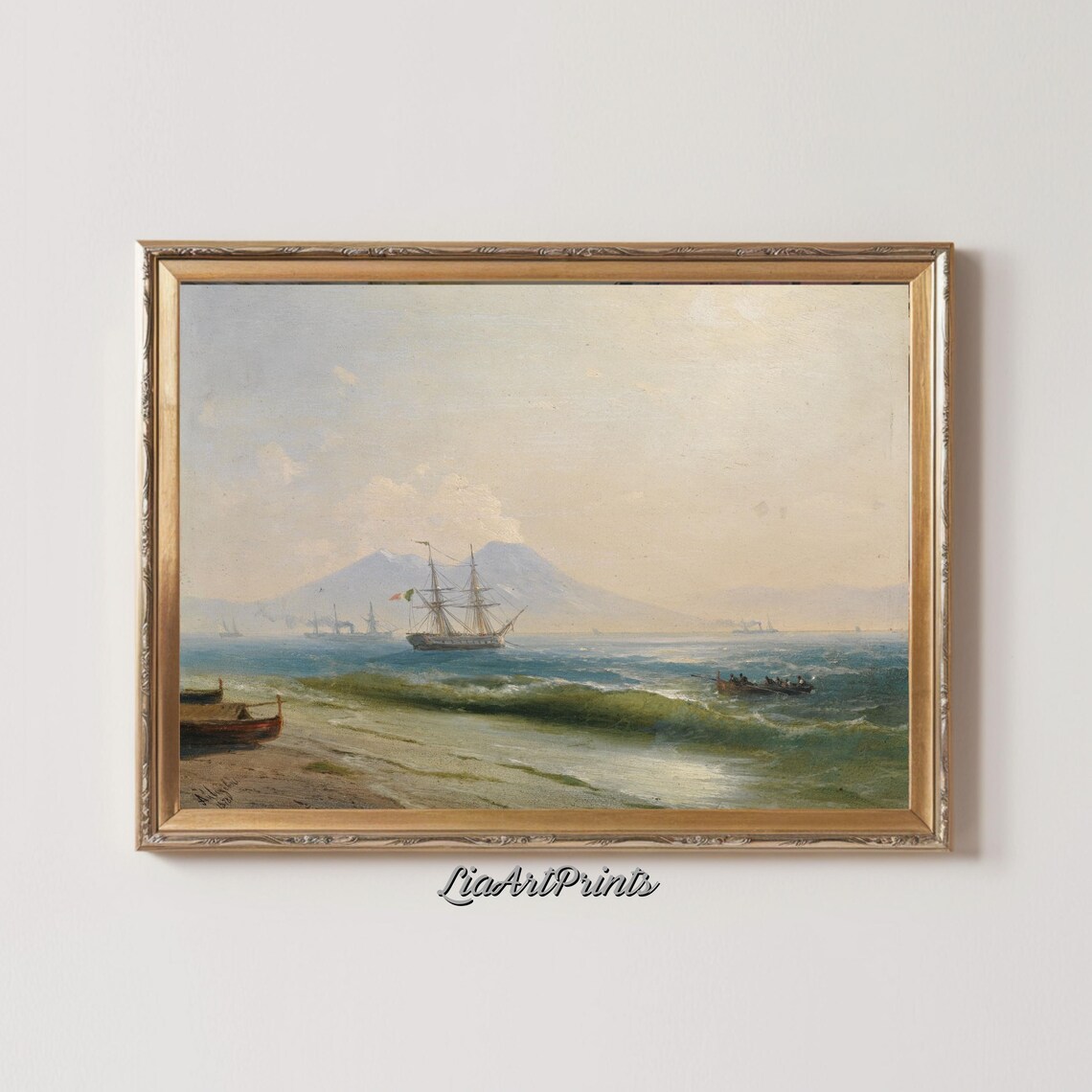 Coastal Bay with a Tall Ship and Distant Volcano Vintage Nautical Print - Image 4