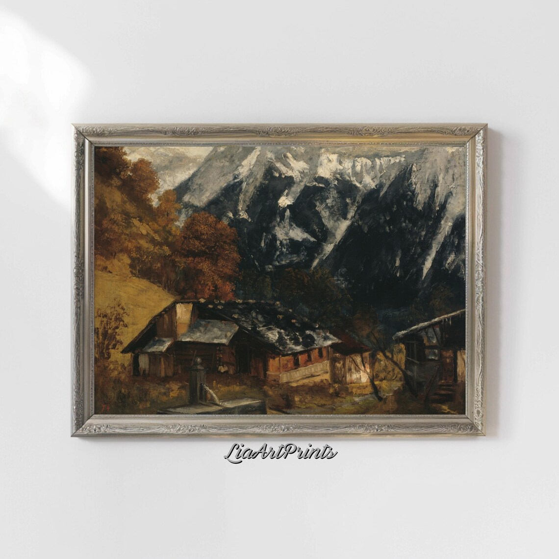 Wooden Chalet Beneath Snow Capped Alpine Peaks Vintage Mountain Poster - Image 4