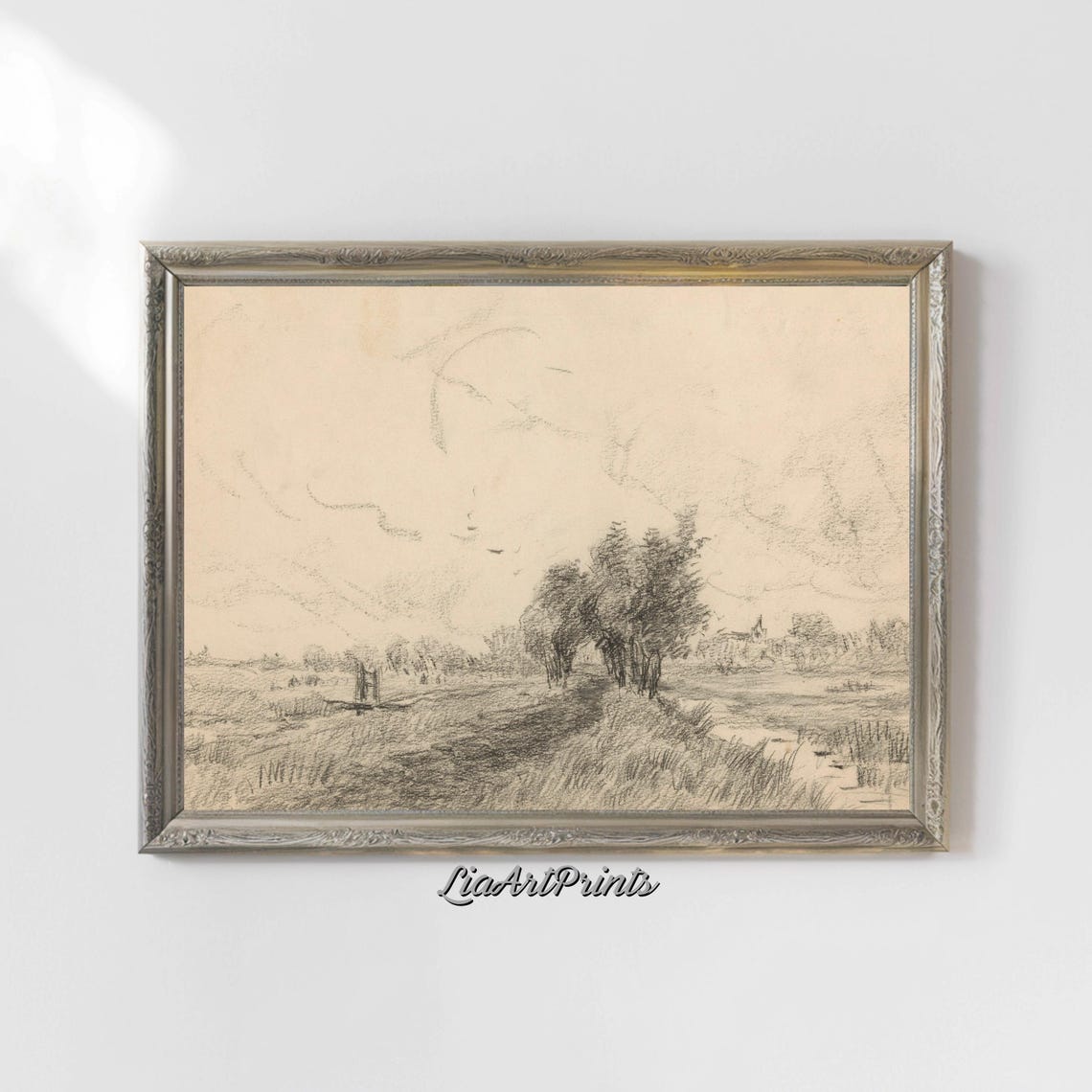 Charcoal Pencil Sketch Windswept Trees Along Path Minimalist Poster - Image 4