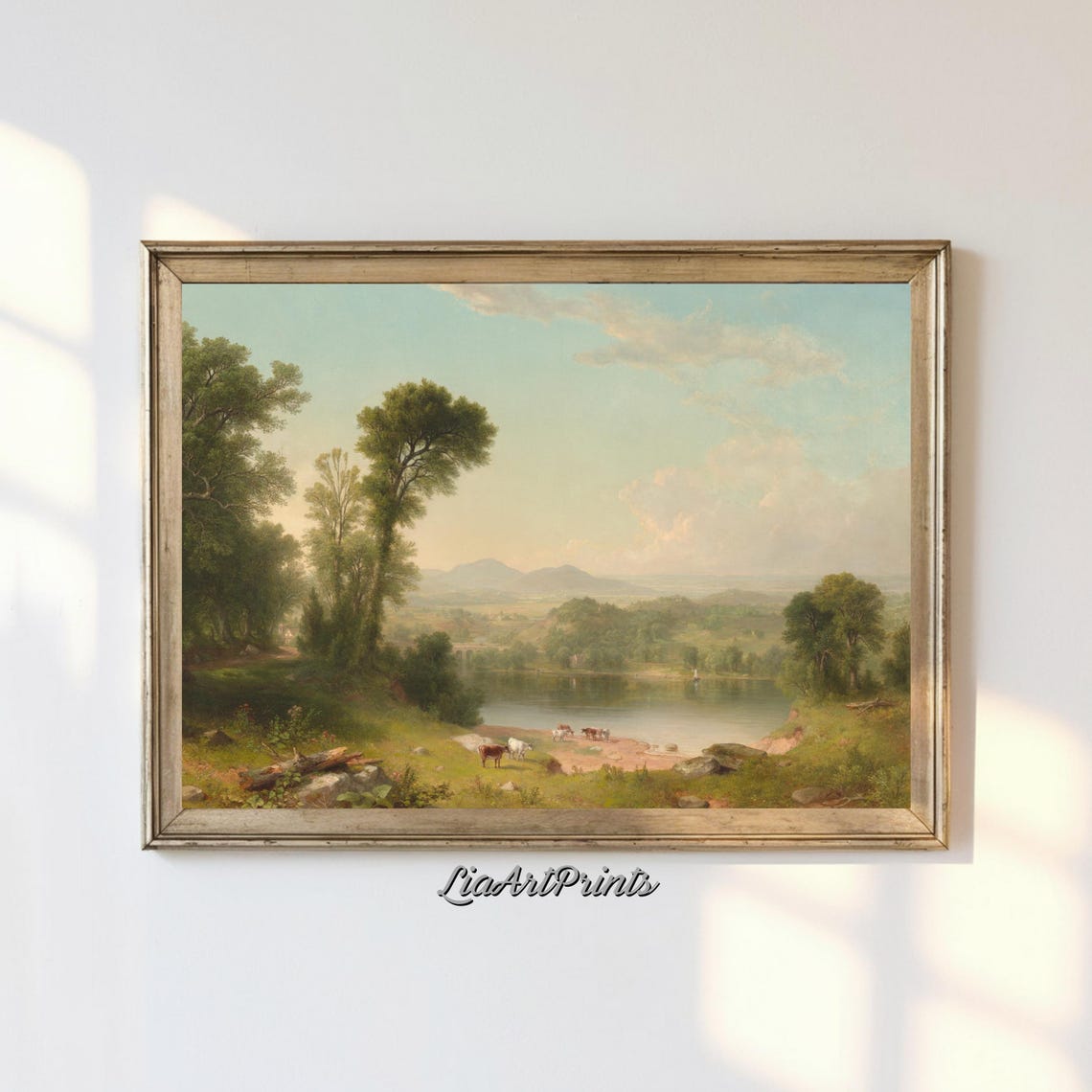 Serene Pastoral Landscape Art Tranquil Countryside River Scene Classic Nature Wall Decor