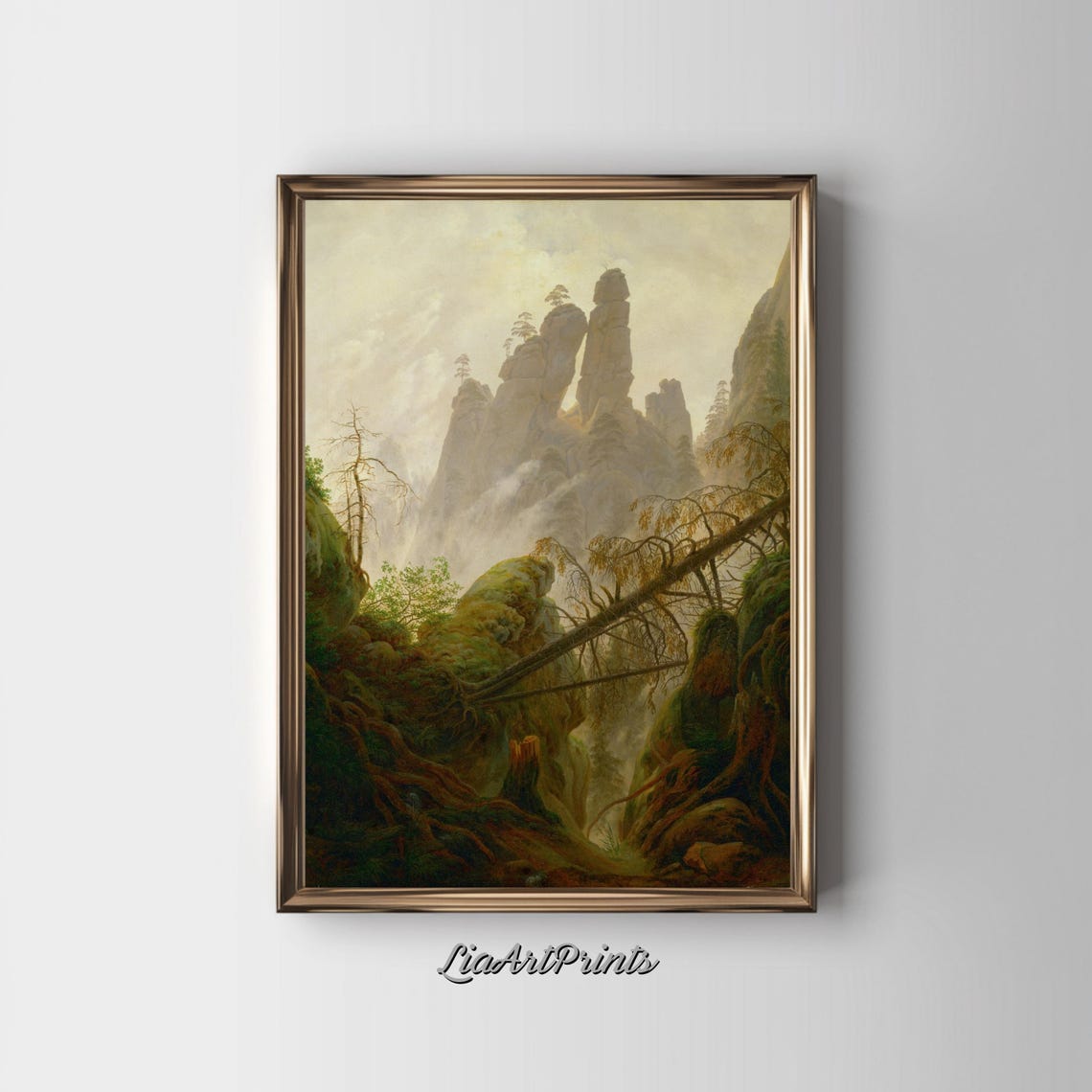 Misty Forest Bridge Wall Art Mountain Landscape Rustic Nature Decor For Living Room Neutral Earth Tones Art Work - Image 2