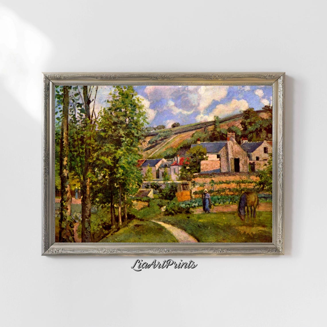 Charming Impressionist Village Farmhouses Grazing Horse Scene Poster - Image 4