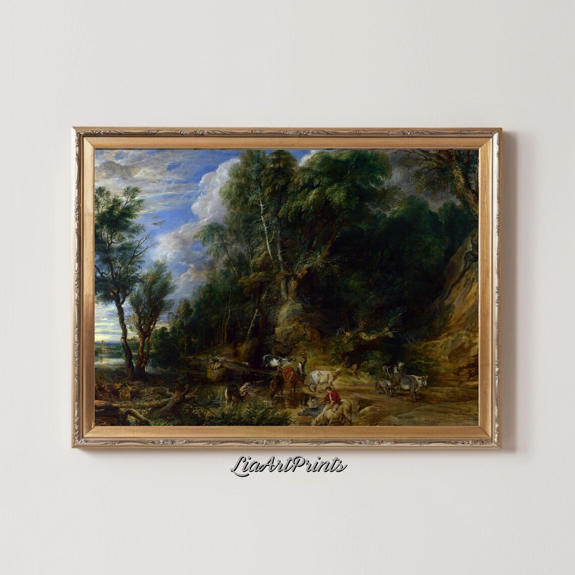 Baroque Pastoral Woodland Cattle Watering River Scene Classic Poster - Image 3