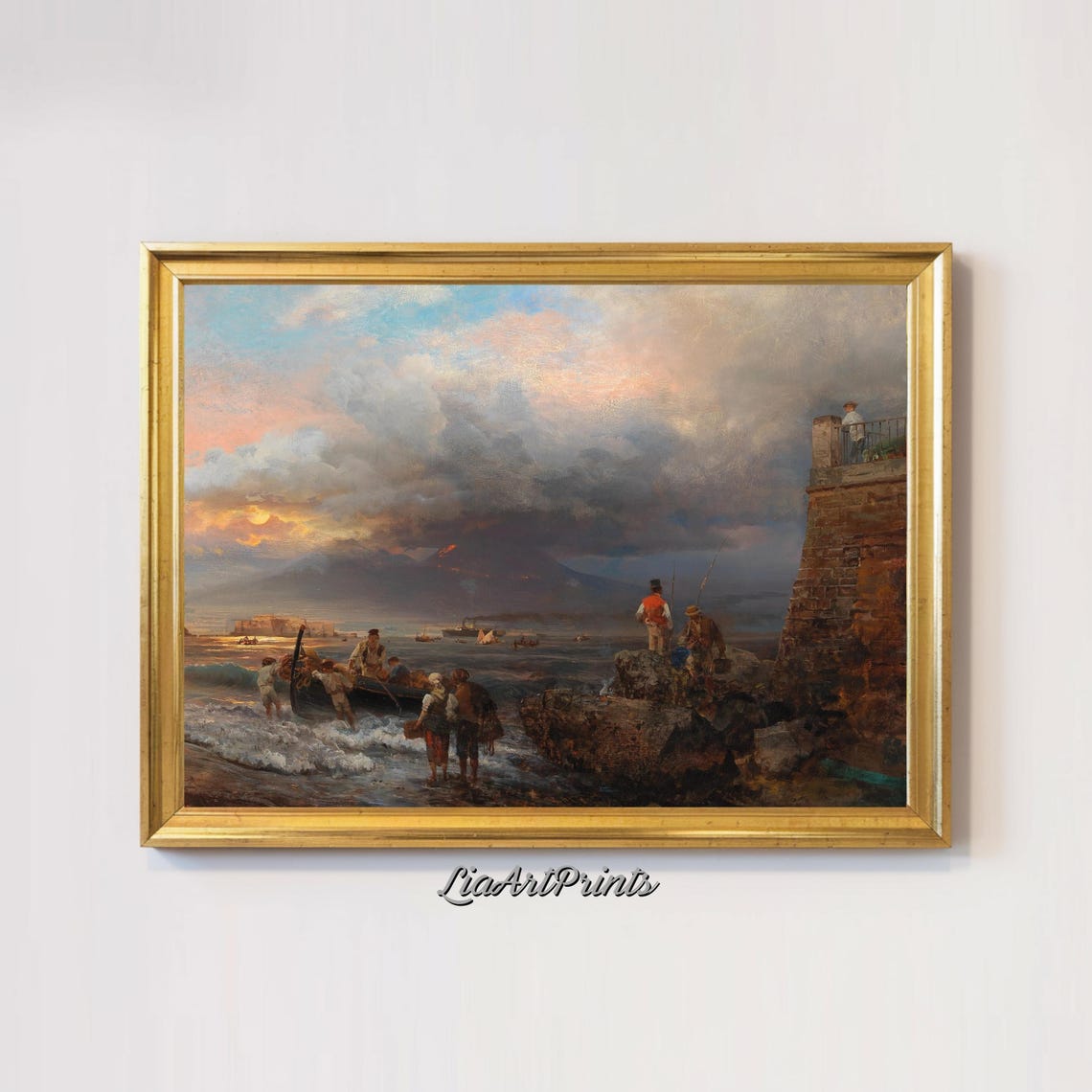 Sunset By The Bay With Mount Vesuvius Maritime Scene With Fishermen - Image 3