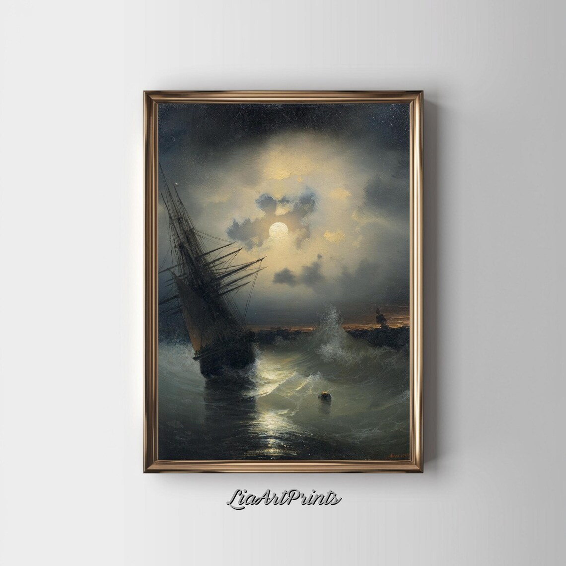 Moonlit Stormy Sea With Ship, Dramatic Maritime Scene - Image 3