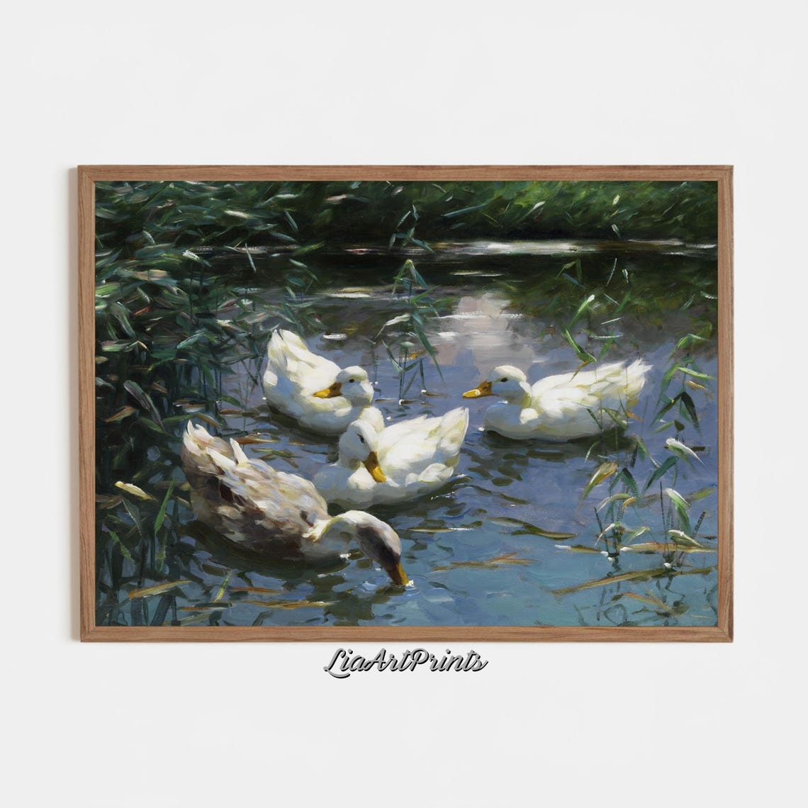 White Ducks on Pond Vintage Oil Painting with Reeds and Water Poster - Image 3