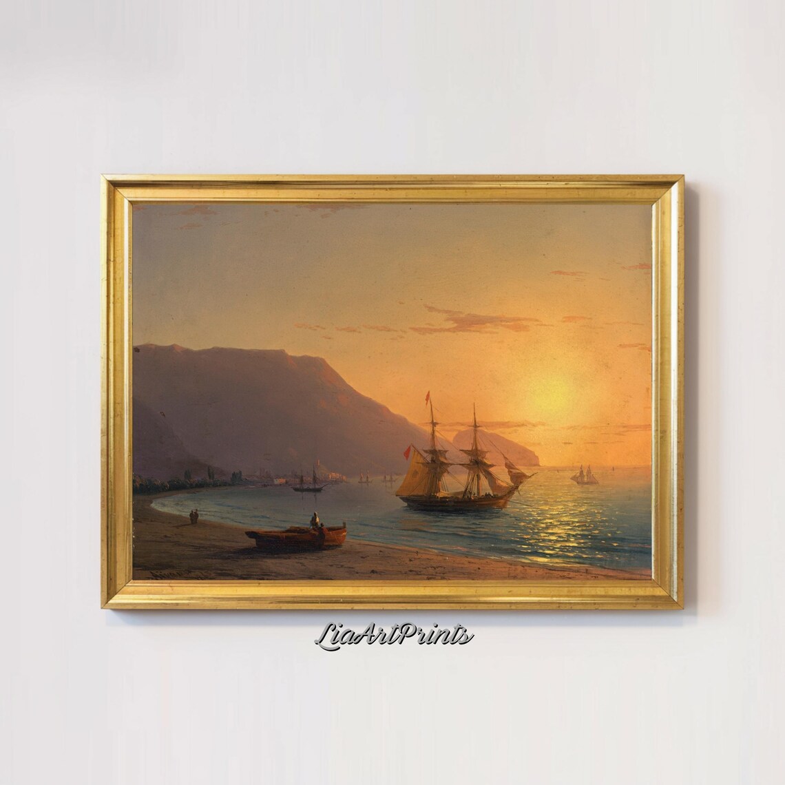 Golden Sunset with a Sailing Ship by Rocky Cliffs Vintage Nautical Print - Image 2