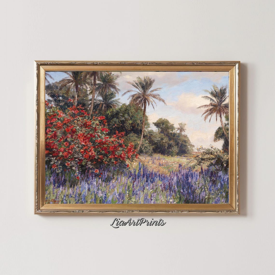 Vibrant Floral Landscape With Palm Trees Exotic Nature Painting Colorful Garden Artwork - Image 4