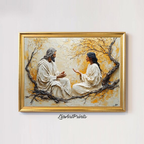 Jesus and Woman Talking Under Golden Tree Textured Religious Painting Poster