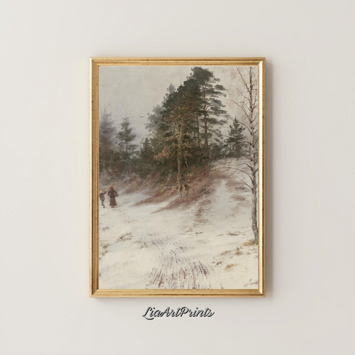 Winter Stroll Through a Snowy Forest with Two Figures Vintage Snow Print - Image 5