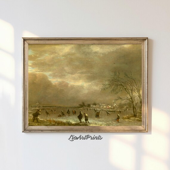Winter Village Scene Art Moody Snowy Landscape Wall Decor Vintage Countryside Artwork Instant
