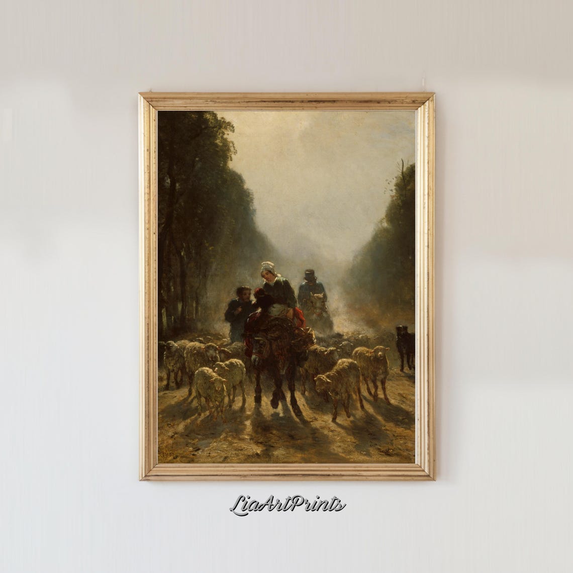 Shepherds Leading Sheep Down a Wooded Path Vintage Pastoral Poster - Image 3