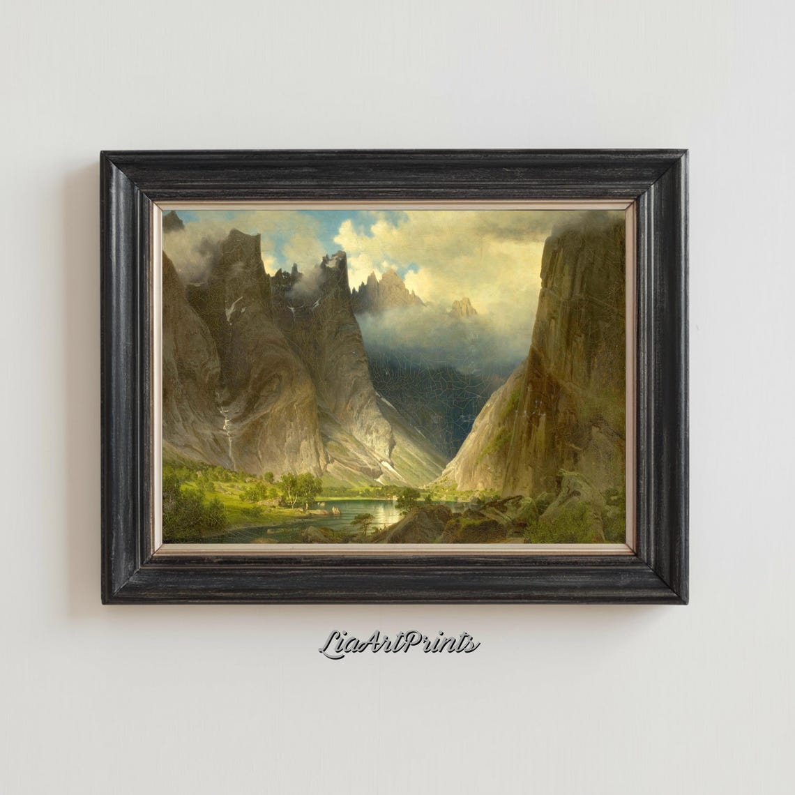 Towering Jagged Alpine Peaks with Waterfall and Misty Lake Poster - Image 3