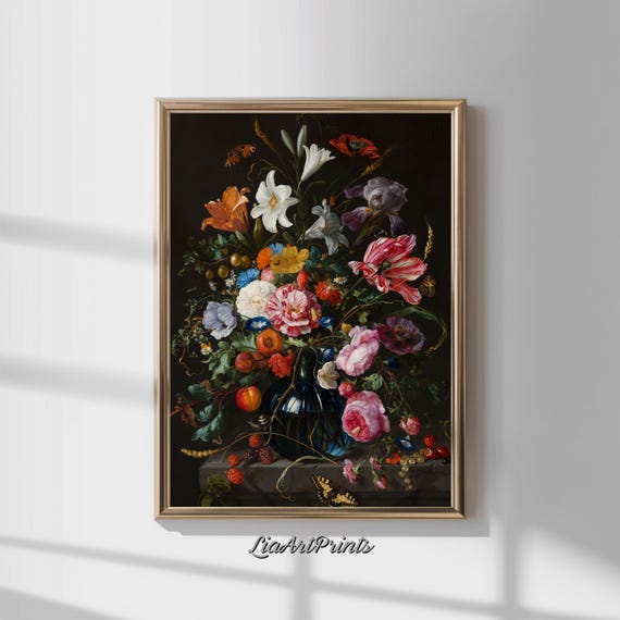 Luxurious Floral Still Life With Butterflies Classic Dutch Flower Arrangement Painting Timeless Botanical Wall Art