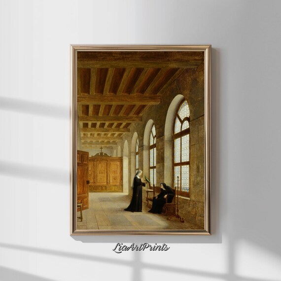 Two Nuns Quiet Convent Corridor Vintage Religious Interior Scene Poster