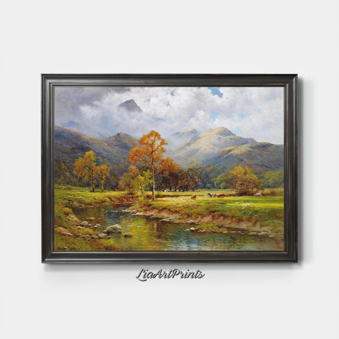 Autumn Mountain Stream Landscape with Golden Trees and Cattle Poster - Image 3