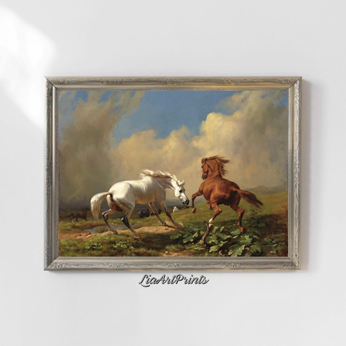 White and Chestnut Stallions Fighting Equestrian Classic Art Poster - Image 4