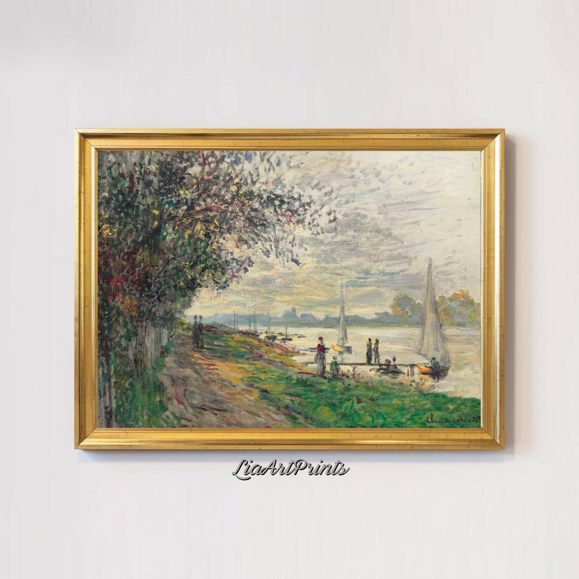 Claude Monet Riverside Sailboats Figures On Shore Impressionist River Poster - Image 2