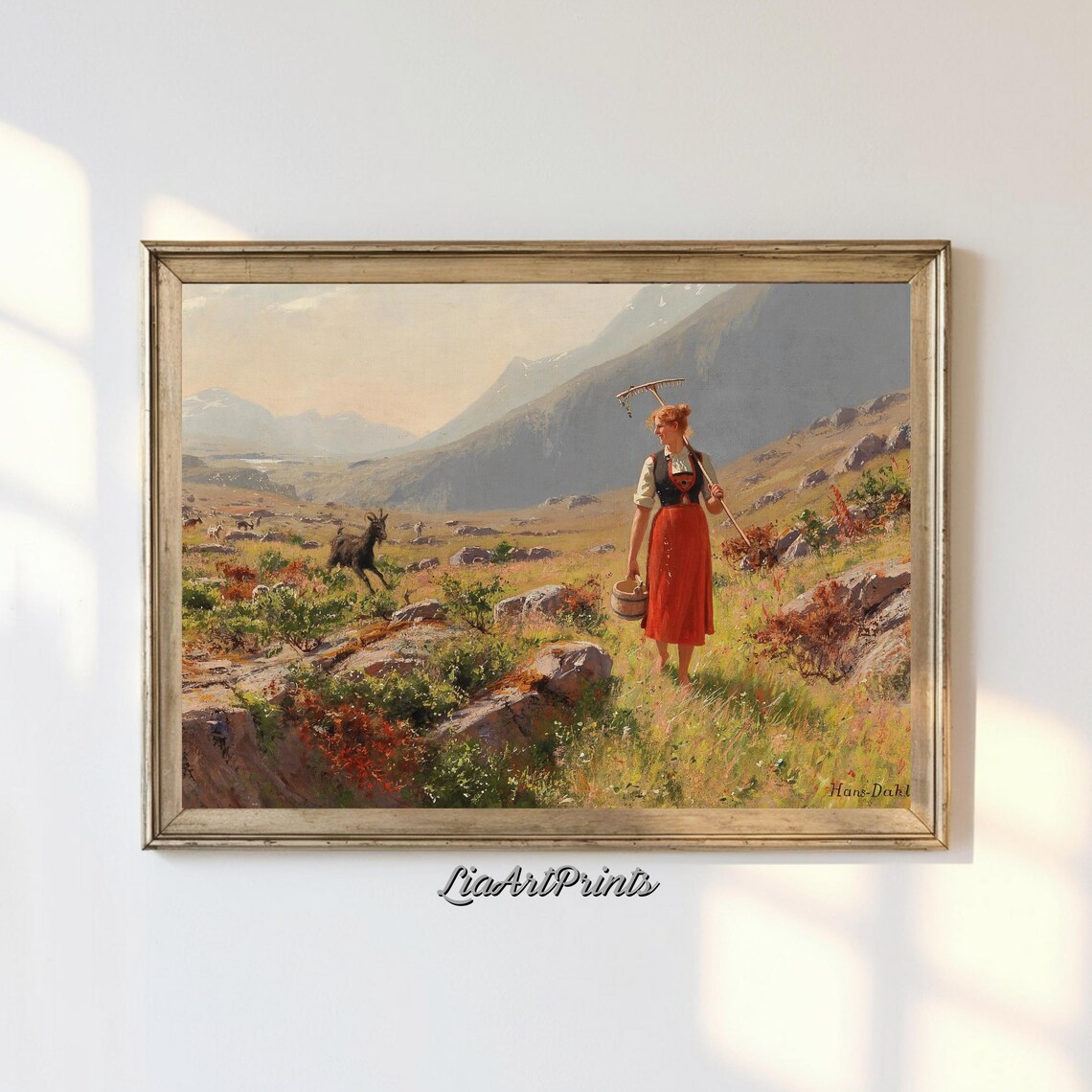 Mountain Shepherdess In Blooming Valley Pastoral Scene With Mountains Vibrant Countryside Wall Art