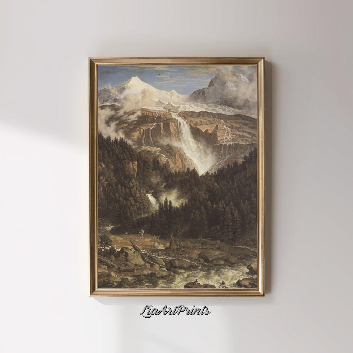 Alpine Waterfall Cascading Down Rocky Mountain Valley Art Poster - Image 3