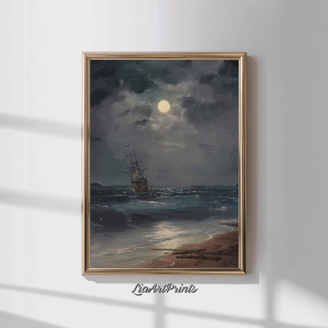 Moonlit Seascape Sailing Ship Vintage Night Ocean Oil Painting Poster