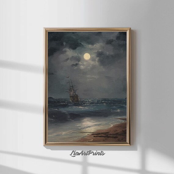 Moonlit Seascape Sailing Ship Vintage Night Ocean Oil Painting Poster