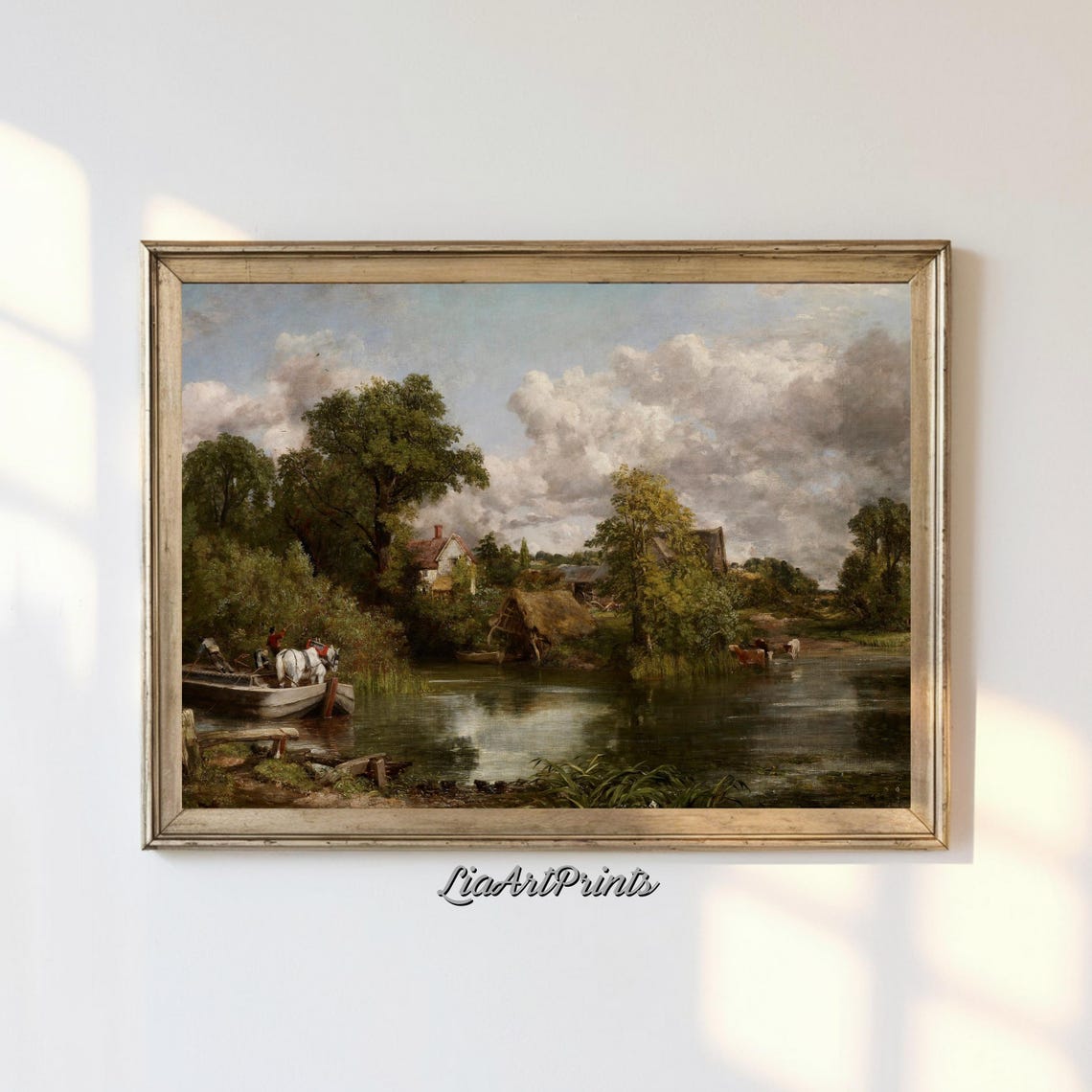 Riverside Landscape White Horse and Boat English Countryside Poster