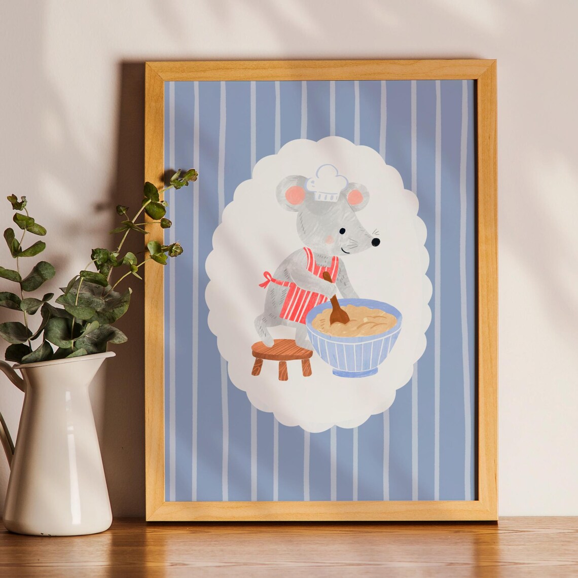 Cute Mouse Cooking Poster, Minimalist Nursery Decor