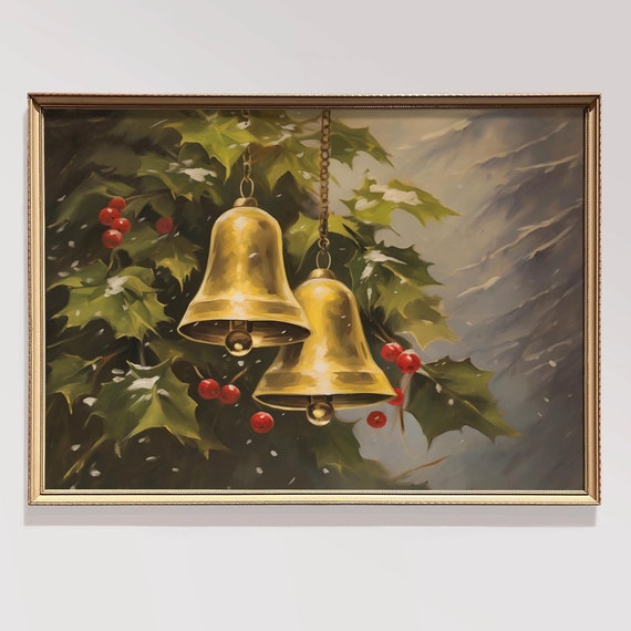 Winter Jingle Bells Christmas Wall Art Christmas Prints Winter Prints Holiday Decor Brass Bells Art Holly Decor Moody Art