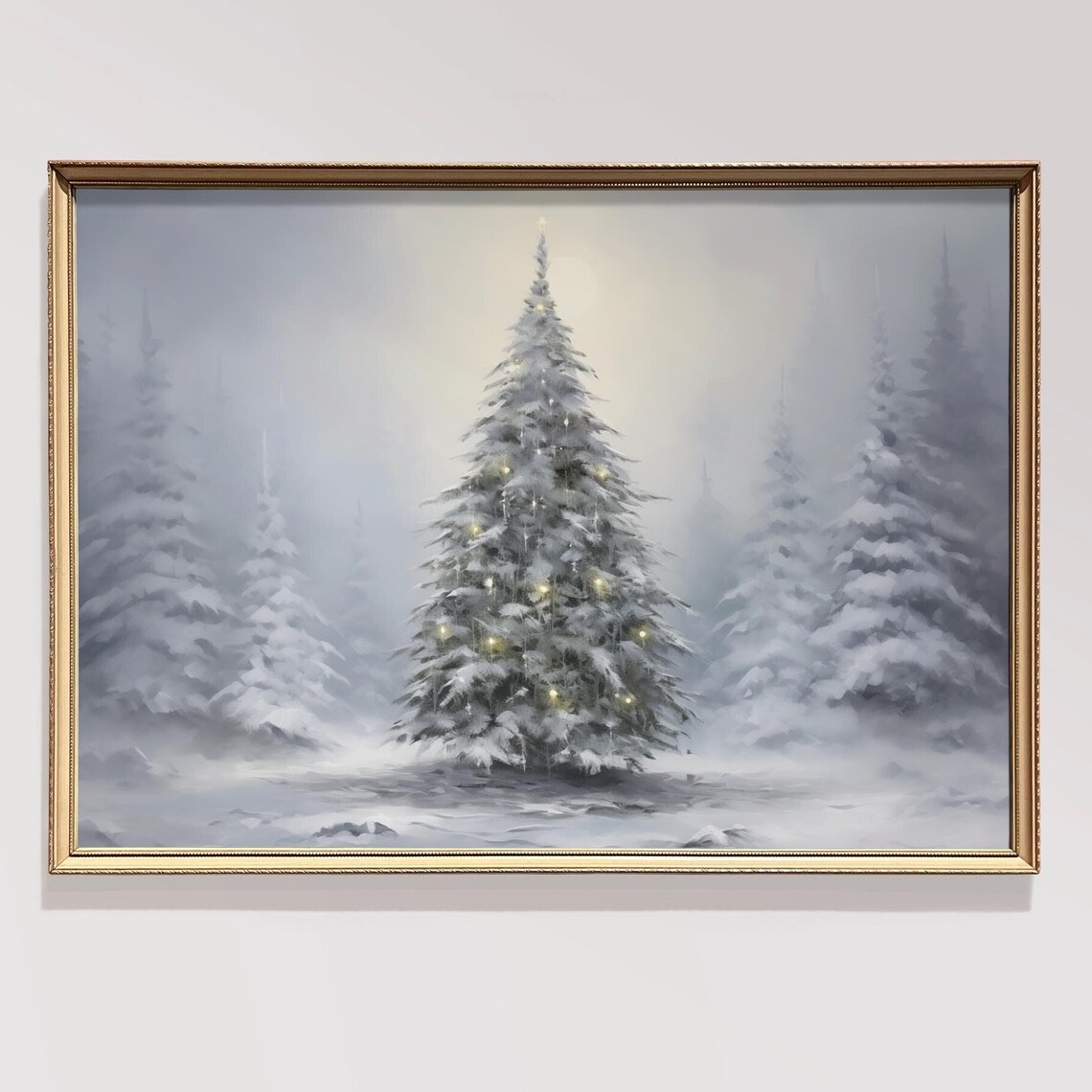 Snow Covered Christmas Tree Twinkling Lights Foggy Snowy Wall Art