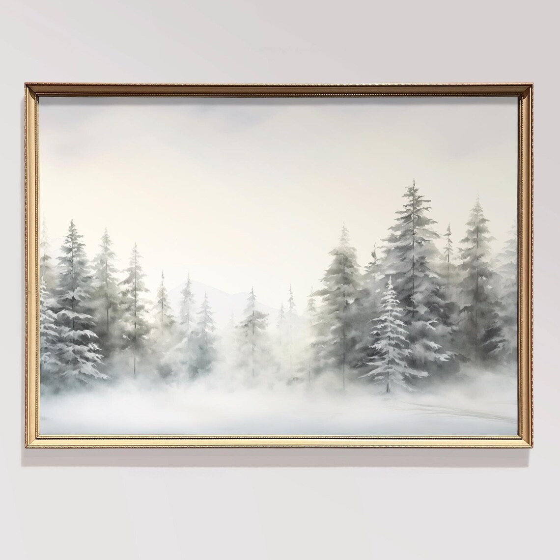 Serene Misty Snowy Pine Forest Winter Watercolor Landscape Poster