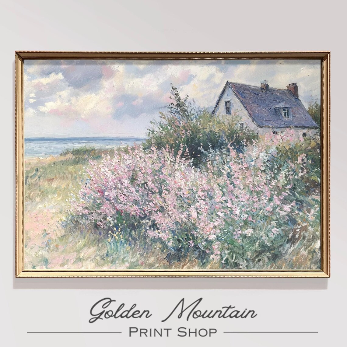 Seaside Cottage Pink Blossom Bush Ocean View Vintage Oil Poster