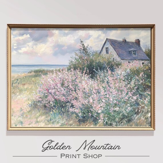 Seaside Cottage Pink Blossom Bush Ocean View Vintage Oil Poster