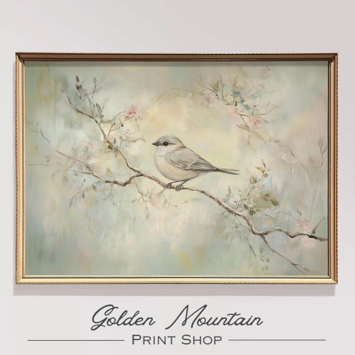 Small Gray Titmouse Bird On Blossom Branch Sage Green Pastel Poster