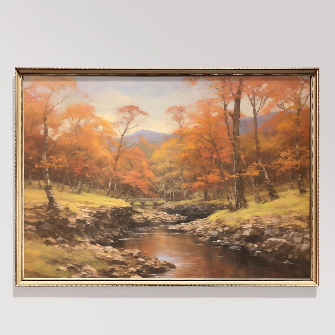 Golden Autumn Forest Stream Distant Bridge Sunlit Fall Poster