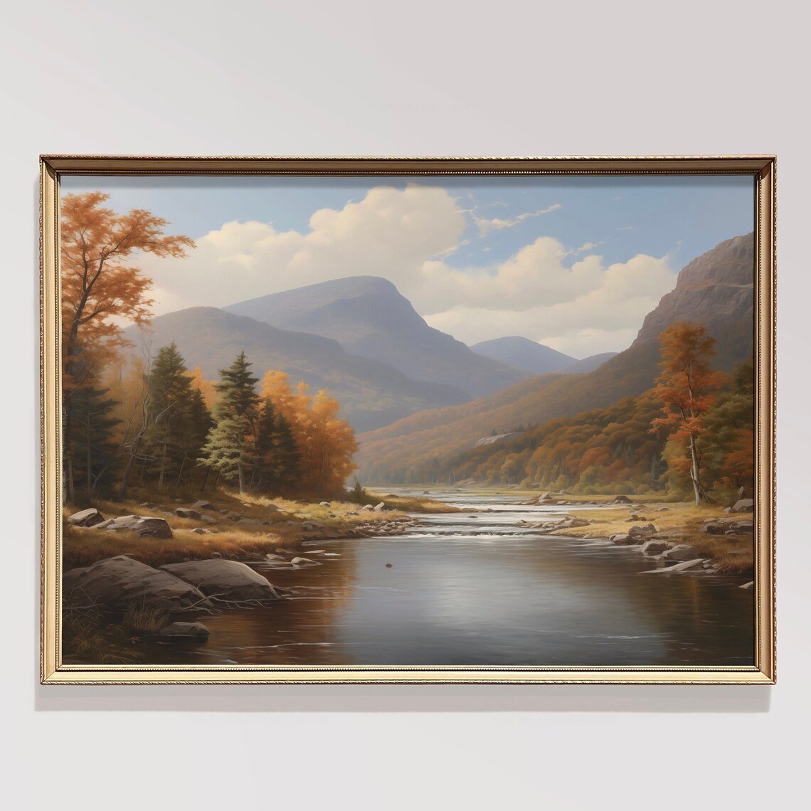 Autumn River Valley Mountain Reflections Vintage Fall Landscape Poster
