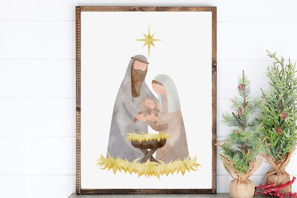 Holy Family Nativity Scene Gold Star Christmas Art Wall Poster