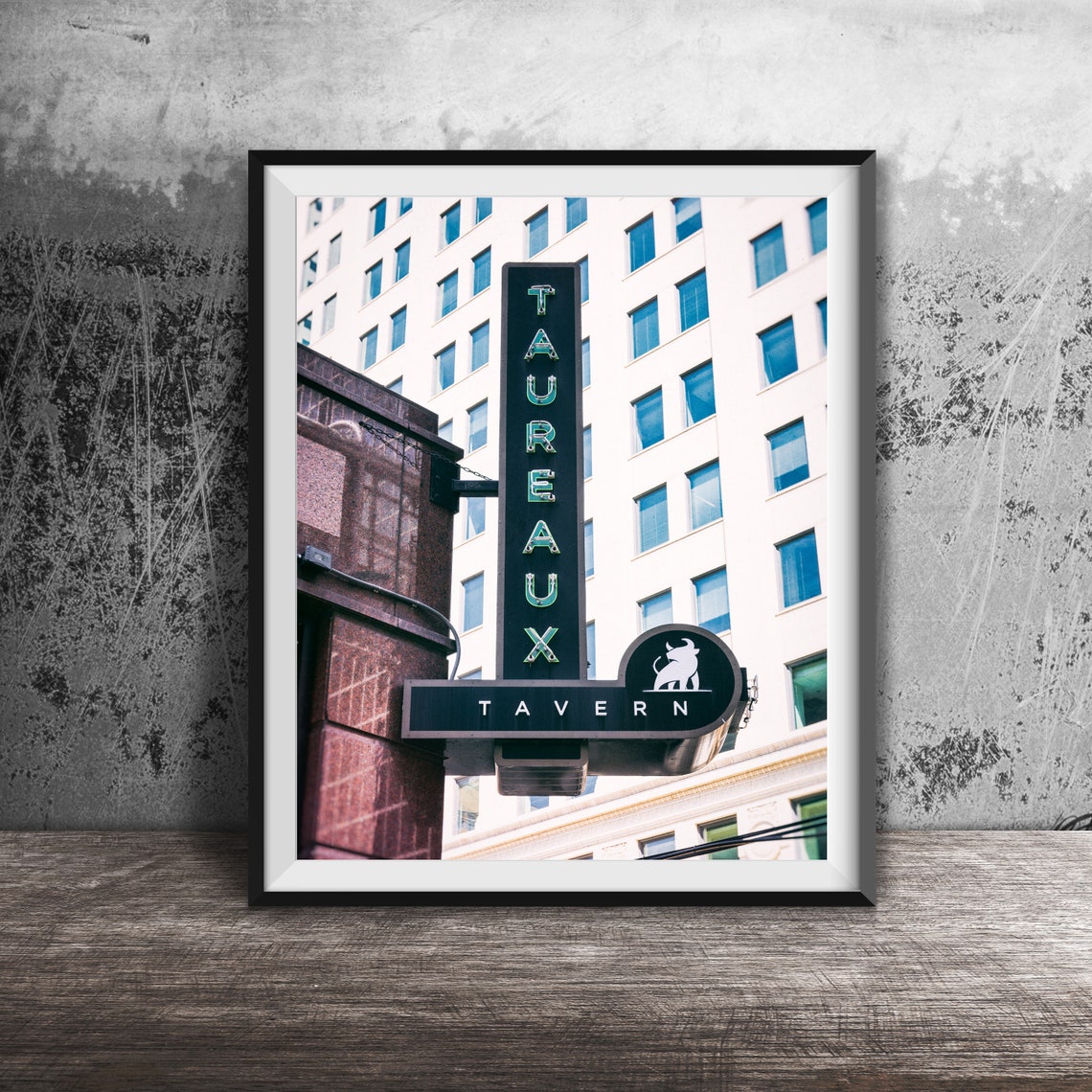 Taureaux Tavern Vertical Neon Blade Sign With Bull Logo Poster