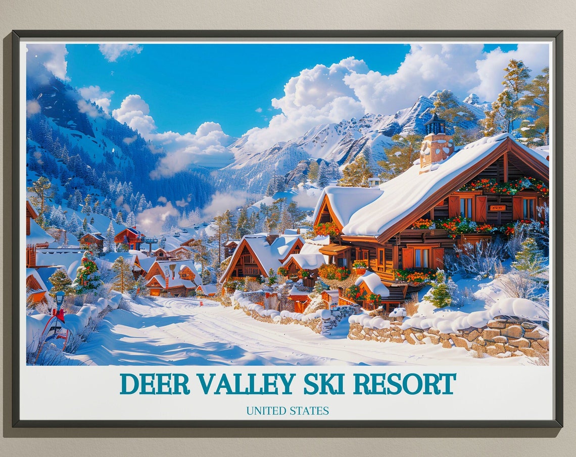 Deer Valley Ski Resort Snowy Log Cabins Village Winter Scene Poster