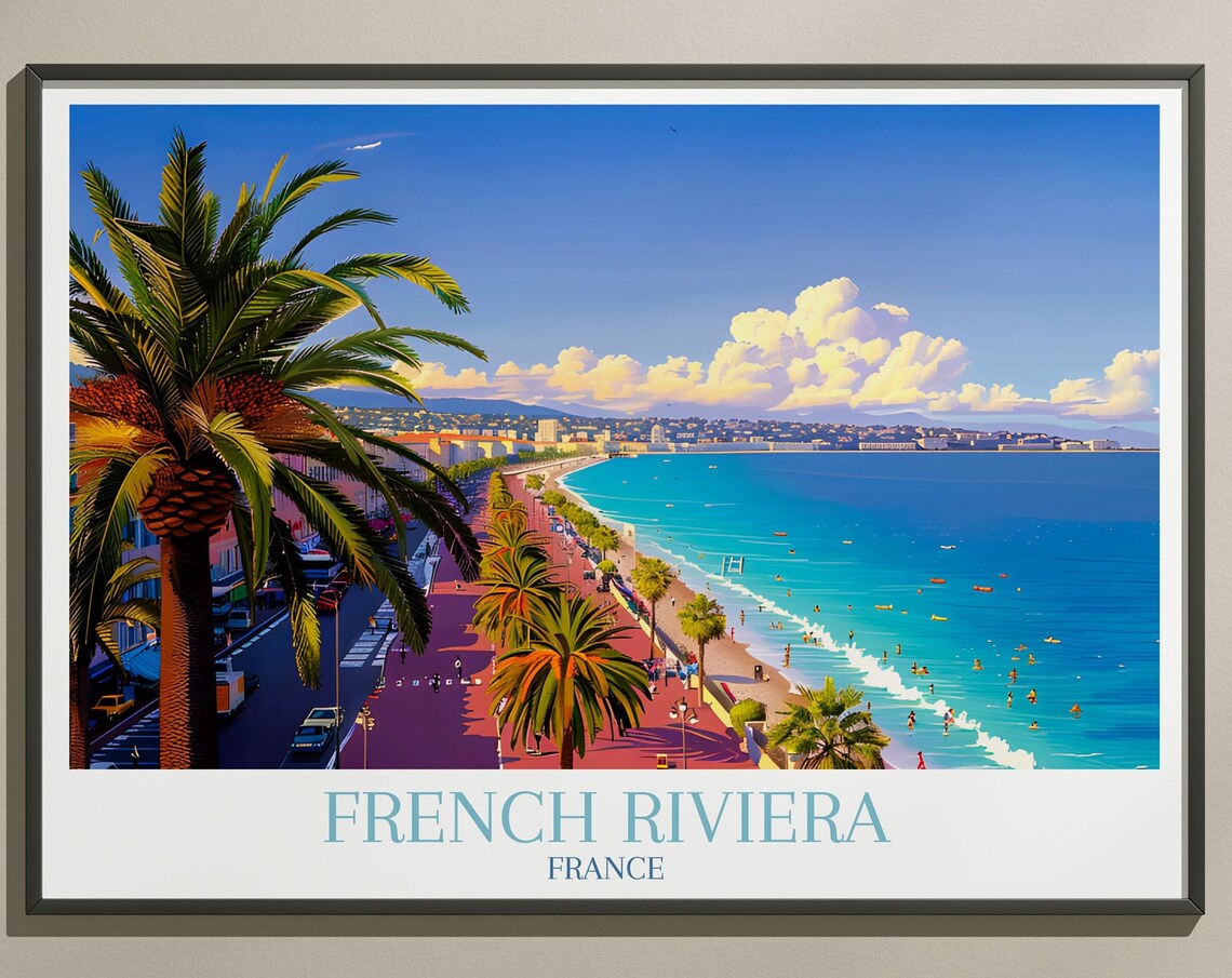 French Riviera France Palm Promenade Beach Day Scene Travel Poster