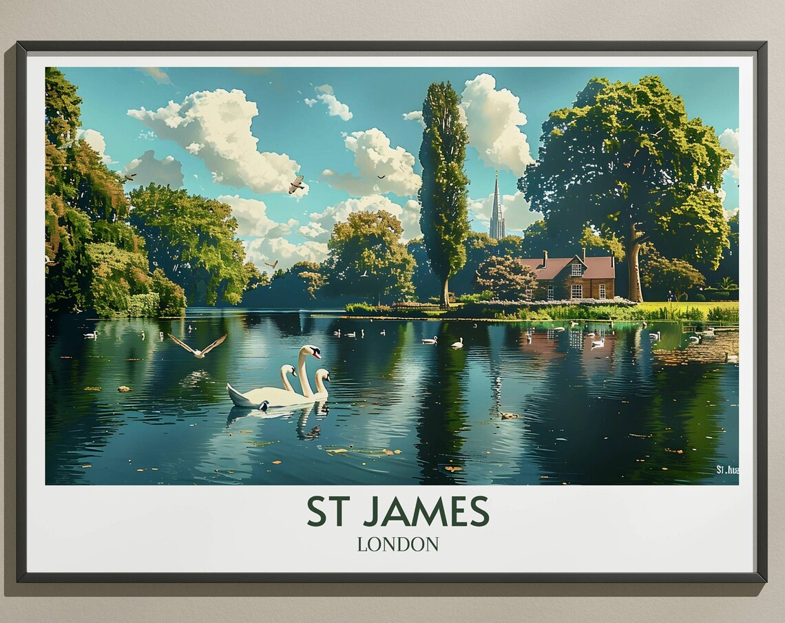 St James Park London Swans Lake Summer Serenity Travel Poster