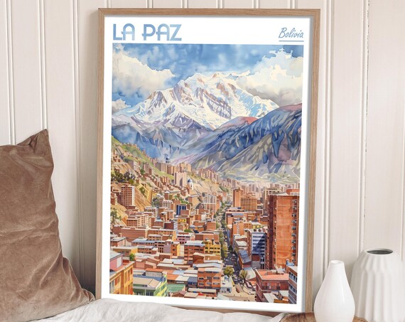 La Paz Bolivia Watercolor City Snowy Illimani Mountain Travel Poster