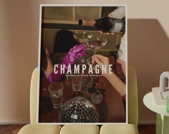 Champagne Cheers To Good Memories Retro Photo Pour With Disco Ball Poster