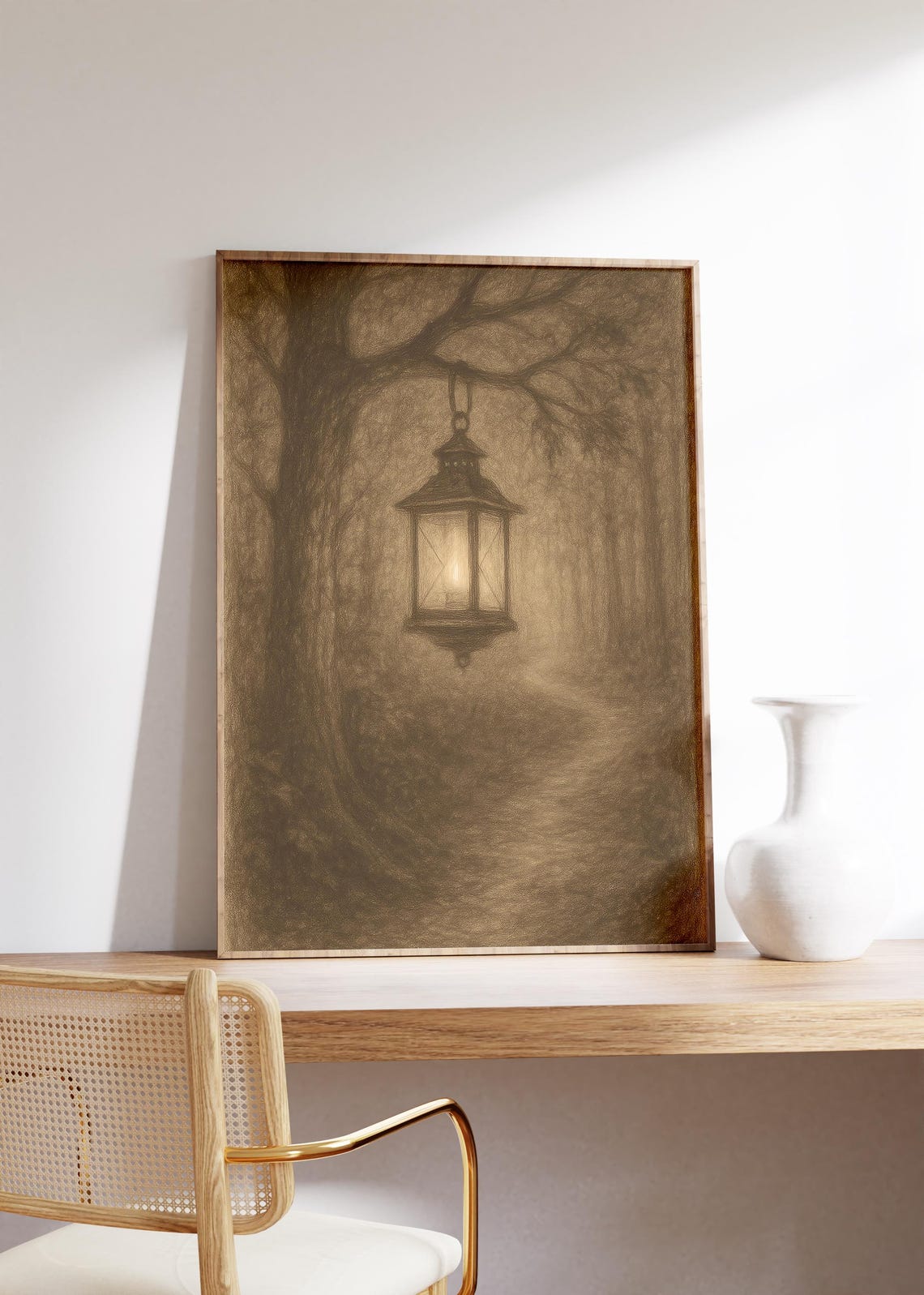 Glowing Lantern on Misty Forest Path Sepia Sketch Night Print