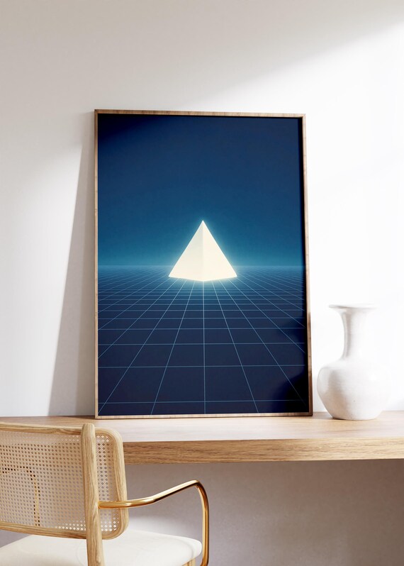 Glowing Pyramid Grid Art Print, Vaporwave Retro Sci-Fi