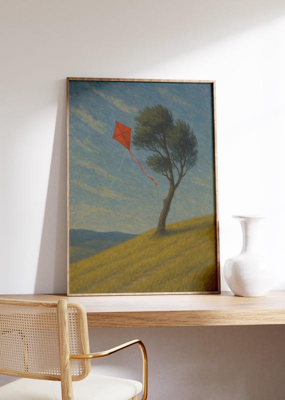 Red Kite Caught In Tree Whimsical Landscape Art Print Windy Hill Poster Childhood Memory Wall Minimal Nature Scene Home Decor