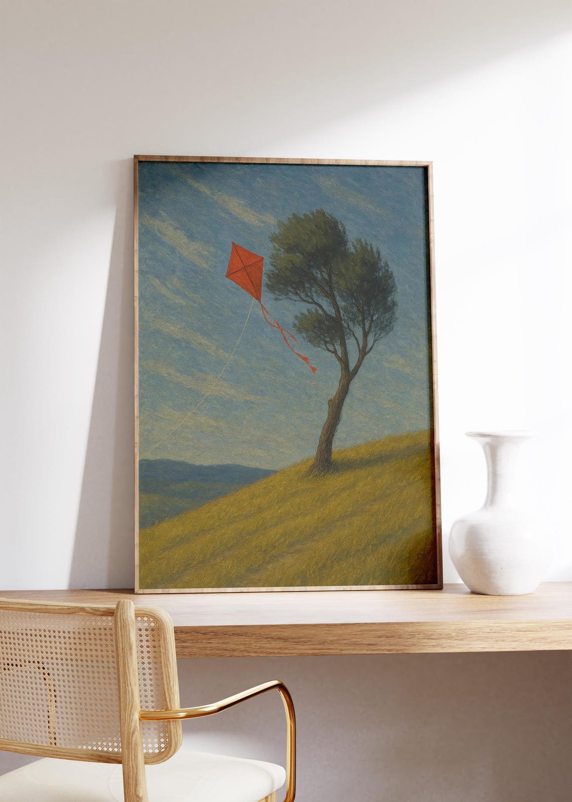 Red Kite Flying Above Windy Green Hill With Lone Tree Sky Poster