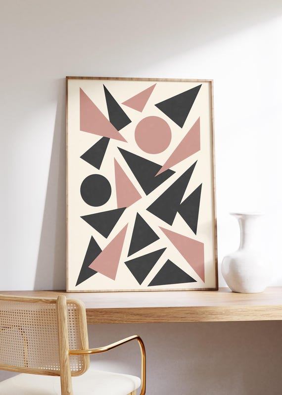 Dusty Pink Charcoal Wall Art Print Abstract Geometric Poster Triangle Circle Design Midcentury Modern Bold Minimalism Neutral Tones